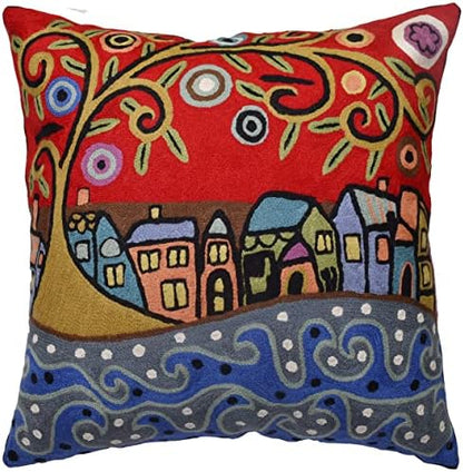  Kashmir Designs Turquoise Tree Of Life Throw Pillow Cover | Karla Gerard Bird Pillows | Blue Flower Pillows | Plant Floral Chair Cushion | Flower Couch Pillow | Hand Embroidered Wool Size - 18x18