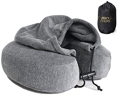  Luxury Memory Foam Neck Travel Pillow With Hoodie. Stylish Carry Bag. Premium Velvet. Washable Zippered Cover. Scientifically Proven U Shaped Neck Pillow. Business Traveler Gifts. (Gray)