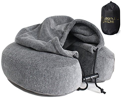 Luxury Memory Foam Neck Travel Pillow With Hoodie. Stylish Carry Bag. Premium Velvet. Washable Zippered Cover. Scientifically Proven U Shaped Neck Pillow. Business Traveler Gifts. (Gray)