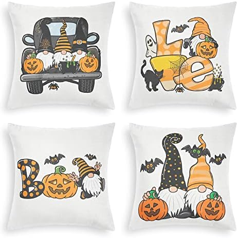  Pallene Halloween Throw Pillow Covers 18x18 Set Of 4, Fall Decorative Pillow Covers With Pumpkin Gnomes, Farmhouse Holiday Covers For Couch Sofa Bed