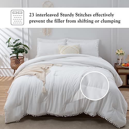  Annadaif White Comforter Set Full Size, Pom Pom Fringe Comforter 3 Pieces, Soft Microfiber Down Alternative Bedding Set For All Season As Gift (1 Comforter,2 Pillowcases)