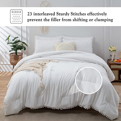  Annadaif White Comforter Set Full Size, Pom Pom Fringe Comforter 3 Pieces, Soft Microfiber Down Alternative Bedding Set For All Season As Gift (1 Comforter,2 Pillowcases)