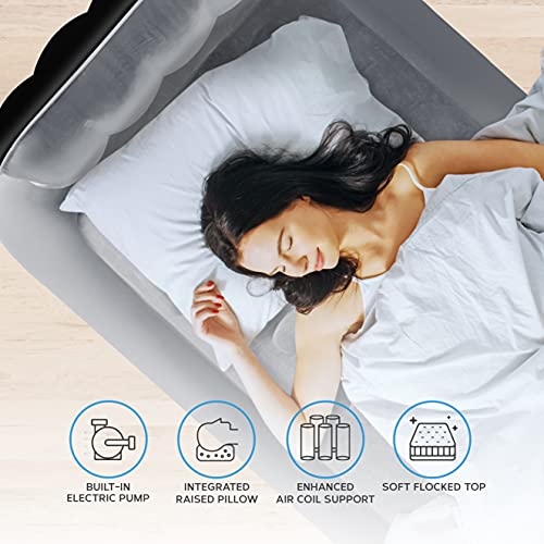  Air Bed With Built In Electric Pump - Premium Twin Airbed - Quick Blow Up Bed With Headboard & Free Inflatable Pillow - Elevated Inflatable Air Mattress For Outdoor, Camping - Black/Grey