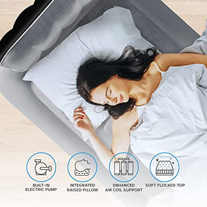  Air Bed With Built In Electric Pump - Premium Twin Airbed - Quick Blow Up Bed With Headboard & Free Inflatable Pillow - Elevated Inflatable Air Mattress For Outdoor, Camping - Black/Grey