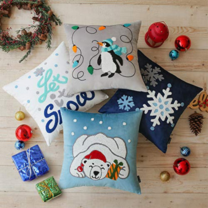  Phantoscope Set Of 4 Merry Christmas Decorative Velvet Throw Pillow Covers Xmas Cushion Cover With Embroidered Lantern, Penguin, Bear, Snowflake For Couch Sofa Bed, Blue, 18 X 18 Inches