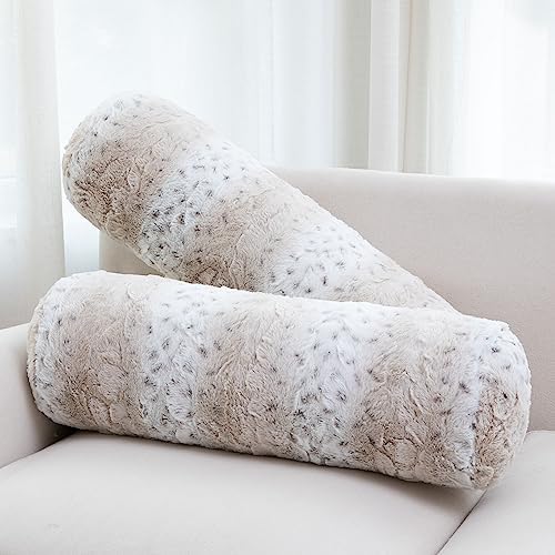  Cheer Collection Set Of 2 Faux Fur Bolster Pillows, Decorative Roll Pillow For Couch With Removable Washable Cover, Cylinder Neck Pillows For Bed, Chair Or Sofa, 8” X 24” Inch, White