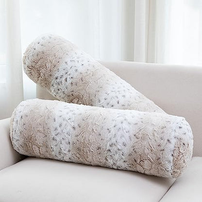  Cheer Collection Set Of 2 Faux Fur Bolster Pillows, Decorative Roll Pillow For Couch With Removable Washable Cover, Cylinder Neck Pillows For Bed, Chair Or Sofa, 8” X 24” Inch, White