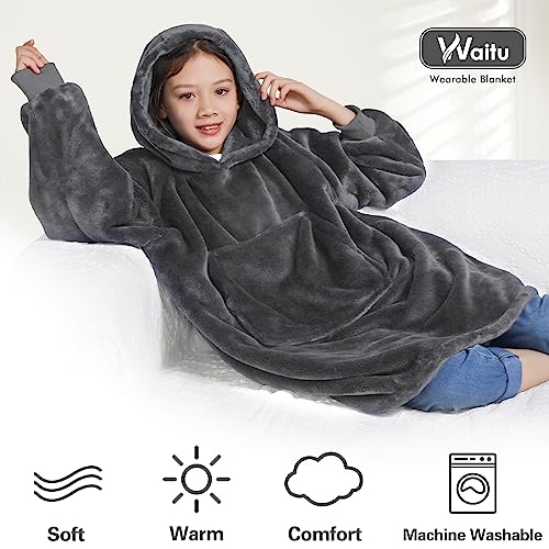  Waitu Wearable Blanket For Kids, Cozy Wearable Blanket Hoodie For Teens Girls And Boys, Warm Blanket Sweatshirt Gift For Teenage, Hoodie Blanket With Sleeves And Giant Pocket - Gray