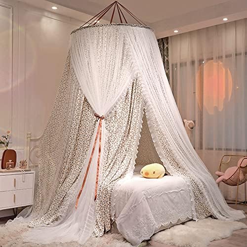  Luxurious Bed Canopy For Girls & Adults, Large Elegant Double Layer Bed Curtain Canopy Drapes, Round Dome Lace Princess Canopies Netting (Pink)