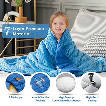  Sivio Weighted Blanket Kids, 5 Pounds, Minky Fleece And Cotton Throw Blanket With Beads, Reversible Heavy Blanket For Children 30-50 Lbs, 36x48 Inch, Blue Airplane