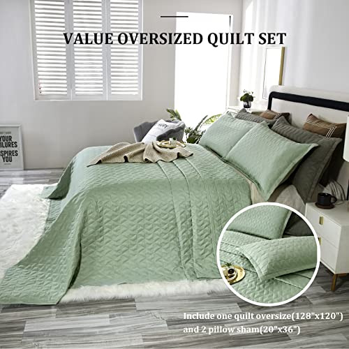  OFIXI Oversized King Plus 128"x120" Quilt Set 3 Pieces Extra Large King Size Bedspreads Lightweight Summer Comforter Reversible Coverlet Bed Cover For All Season, Sage Green