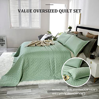 OFIXI Oversized King Plus 128"x120" Quilt Set 3 Pieces Extra Large King Size Bedspreads Lightweight Summer Comforter Reversible Coverlet Bed Cover For All Season, Sage Green