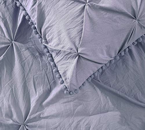  Chezmoi Collection Natalia 3-Piece Pom Poms Fringe Pinch Pleat Duvet Cover Set - Hypoallergenic Soft Washed Microfiber Comforter Cover With Button Closure And Corner Ties - Queen, Purple