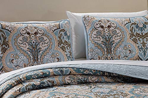  Better Home Style 3 Piece Luxury Lush Soft Blue Taupe Motif Ornamental Floral Printed Design Quilt Coverlet Bedspread Oversized Bed Cover Set # Amanda (Blue, King/Cal-King)