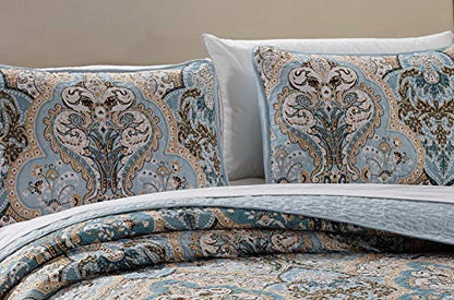  Better Home Style 3 Piece Luxury Lush Soft Blue Taupe Motif Ornamental Floral Printed Design Quilt Coverlet Bedspread Oversized Bed Cover Set # Amanda (Blue, King/Cal-King)