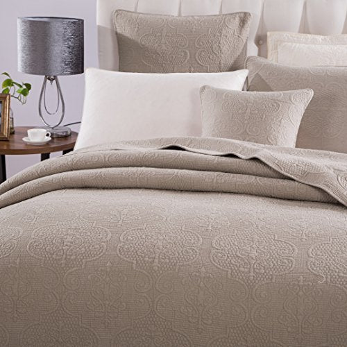  Elegant Sand Dollar Quilted Bedspread Set - Lightweight Breathable Floral Pattern Taupe Tan Beige - King Size - 3-Pieces