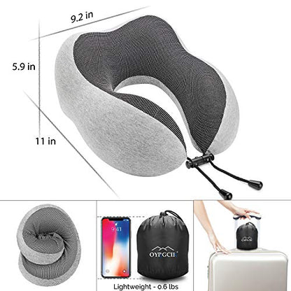  OYRGCIK Travel Pillow, 100% Pure Memory Foam Neck Pillow, Soft & Breathable Cotton Cover, Machine Washable Airplane Travel Kit U Shaped Pillow With 3D Contoured Eye Mask, Earplugs, & Travel Bag, Gray