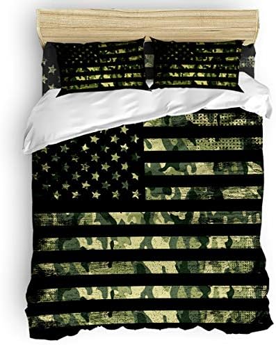  4 Pieces Bedding Sets, USA Flag Duvet Cover Set, Camouflage Themed,Include 1 Flat Sheet 1 Duvet Cover And 2 Pillow Cases, Full Size