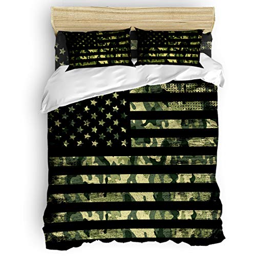  4 Pieces Bedding Sets, USA Flag Duvet Cover Set, Camouflage Themed,Include 1 Flat Sheet 1 Duvet Cover And 2 Pillow Cases, Full Size