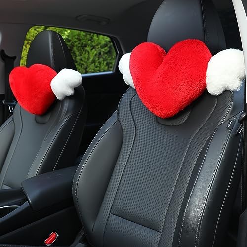  2 Pack Heart Shaped Cute Car Headrest Pillow With Angel Wings - Comfortable Soft Head Rest Cushion Kawaii Car Accessories Neck Pillow For Driving Travelling Office Home Decor - Black Love Heart