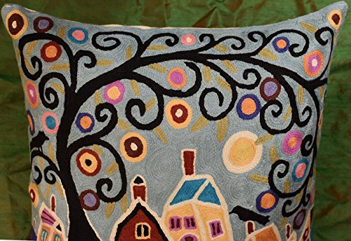  Kashmir Designs Turquoise Tree Of Life Throw Pillow Cover | Karla Gerard Bird Pillows | Blue Flower Pillows | Plant Floral Chair Cushion | Flower Couch Pillow | Hand Embroidered Wool Size - 18x18