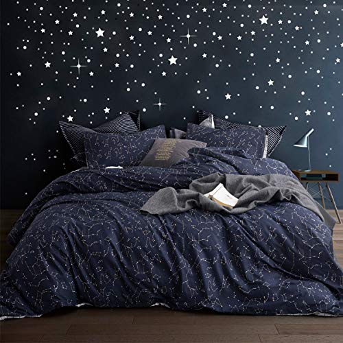  ECOCOTT Duvet Cover Queen, 100% Natural Cotton 1 Duvet Cover +2 Pillowcases Bedding Set,Navy And Cosmic Constellation Reversible Printed Pattern Soft Cozy Breathable And Durable Duvet Cover Set