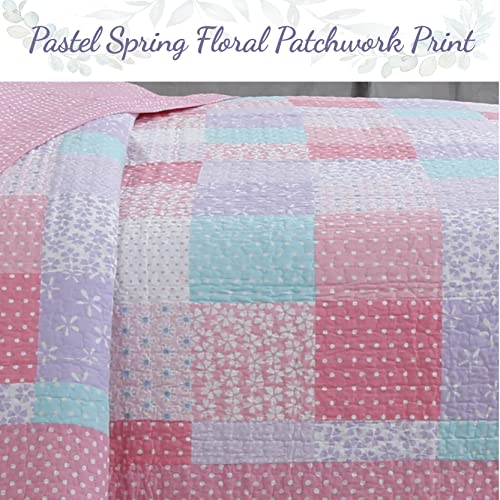  Cozy Line Home Fashions Angelina Floral Dot Pink Light Purple Blue 100% Cotton Reversible Girl Quilt Bedding Set, Bedspread, Coverlet (Queen - 3 Piece)