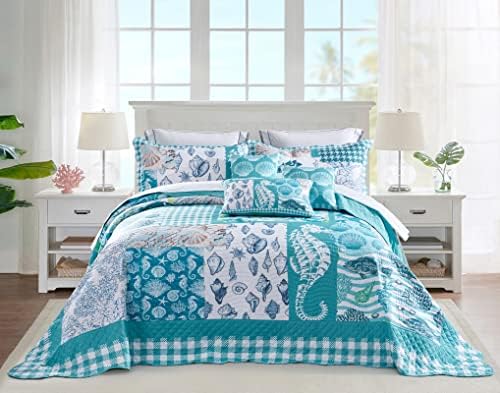  HZ&HY Coastal Oversized King Bedspread 128x120 Extra Wide, Lightweight Beach Bedding Nautical Quilt, Real Stitching, Reversible, 6 Piece, 100% Microfiber, King/California King, Shell