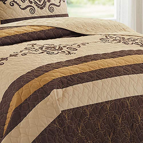  WPM Western Print Queen Size Light Weight Quilt Set With Pillow Sham Gold Brown Oversize (100 X 95”) Bedspread All-Season Bed Cover Quilted Native Theme 3 Piece Coverlet (Yasmen Gold Brown, Queen)
