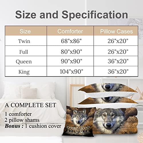  Sleepwish Gold Wolf Comforter Indian Wolf King Size Bed Set 3D Wolves Quilt Set 4 Piece Native American Wolf Bedding Sets With Comforter, Pillow Shams, Cushion Cover (King)