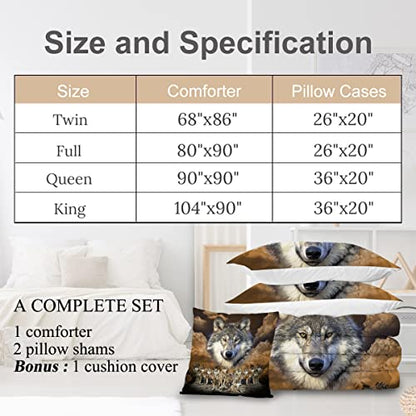  Sleepwish Gold Wolf Comforter Indian Wolf King Size Bed Set 3D Wolves Quilt Set 4 Piece Native American Wolf Bedding Sets With Comforter, Pillow Shams, Cushion Cover (King)