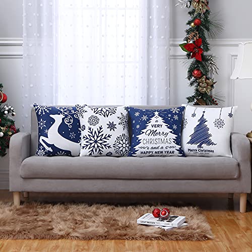  NANAN Christmas Pillow Covers 18X18 Inch Navy Blue Christmas Pillow Cases Snowflake Merry Christmas Holiday Pillowcases Xmas Trees Elk Deer Decorative Cushion Covers For Party Sofa Couch Set Of 4