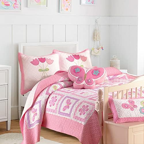  Cozy Line Home Fashions Angelina Floral Dot Pink Light Purple Blue 100% Cotton Reversible Girl Quilt Bedding Set, Bedspread, Coverlet (Queen - 3 Piece)