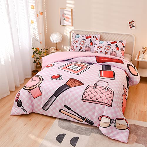  Aimuan Pink Comforter Set Cosmetic And Makeup Theme Quilt Set With Perfume Bag Lipstick Nail Polish Pattern Decorative Quilted 3 Pcs Bedding Set With 2 Pillowcases (Pink, Queen)