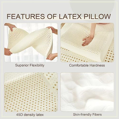  JABXKEJI Latex Pillow 100% Natural & Organic Contour For Side Back Stomach Sleeping Neck Shoulder Pain Relief Without Memory Foam Chemicals With Removable Breathable Cover (Standard, 23.4"*15.5")