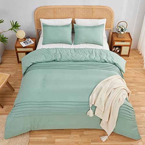  Sage Green Duvet Cover King Size Pleated Duvet Cover Set Soft Microfiber With 2 Pillowcases Zipper Closure Bedding Set (Sage Green, 104"x90")