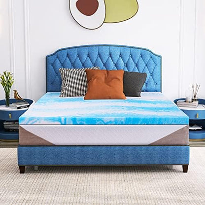  2 Inch Cooling Gel Memory Foam Mattress Topper In A Box, Medium Firm Mattress Topper For Pressure Relief & Temperature Regulation,CertiPUR-US Certified, Blue&White (Twin)