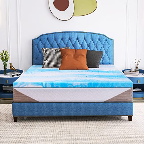 2 Inch Cooling Gel Memory Foam Mattress Topper In A Box, Medium Firm Mattress Topper For Pressure Relief & Temperature Regulation,CertiPUR-US Certified, Blue&White (Twin)