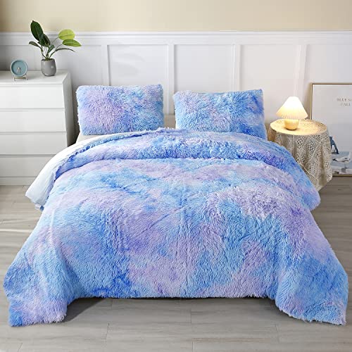  Blue Faux Fur Comforter Set Twin Size, 3Pcs Tie Dye Rainbow Fluffy Comforter Bedding Set, Plush Shaggy Flannel Velvet Furry Bed Comforter Set For Girls (Blue Ombre, Twin)