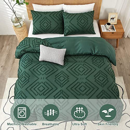  Powdion Green Duvet Cover Tufted, Dark Green Duvet Cover Queen With Jacquard Geometric Design, Boho Textured Duvet Cover Lightweight, 3pcs Olive Green Duvet Cover Set Zipper Closure 4 Ties