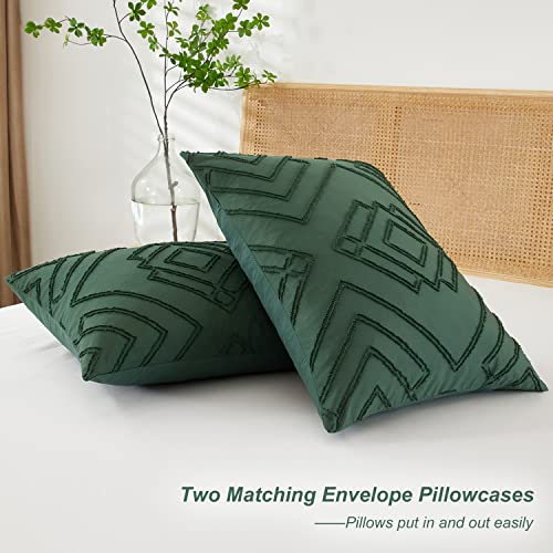  Powdion Green Duvet Cover Tufted, Dark Green Duvet Cover Queen With Jacquard Geometric Design, Boho Textured Duvet Cover Lightweight, 3pcs Olive Green Duvet Cover Set Zipper Closure 4 Ties