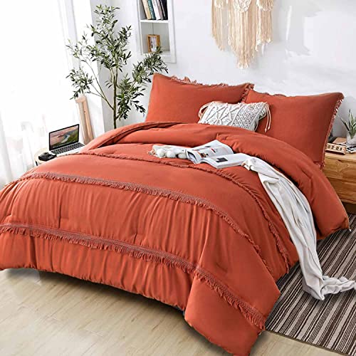  Queen Size Comforter Set, Burnt Orange Boho Tassel Down Alternative Filling Bed Sets - 90 X 90 3PC Soft Microfiber Chic Bohemian Farmhouse Bedding Duvet In A Bag For Women Men, Terracotta, Rust