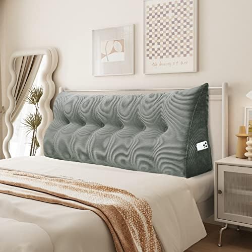  YXCSELL Headboard Wedge Pillow Triangular Bolster Pillows For Daybed Sofa Cushion Corduroy Large Support Backrest Bedrest Reading Pillow Lumbar Positioning Upholstered (Grey,Twin)
