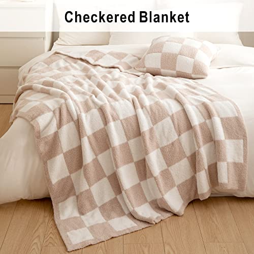  Throw Blanket With Checkerboard Plaid- Cozy Breathable All Seasons Soft Checkered Blanket Gingham Home Decor For Couch And Bed -Throw Size 51"x63",Light Khaki