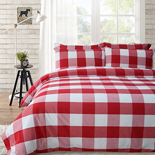  Cotton Duvet Cover Set, 100% Cotton Yarn Dyed Plaid Check Duvet Cover With 2 Pillowshams - Full/Queen Red