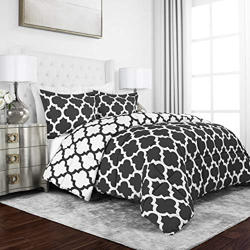  Sleep Restoration Luxury Goose Down Alternative Reversible Quatrefoil Comforter - Premium All Season Duvet - King/Cal King - Gray