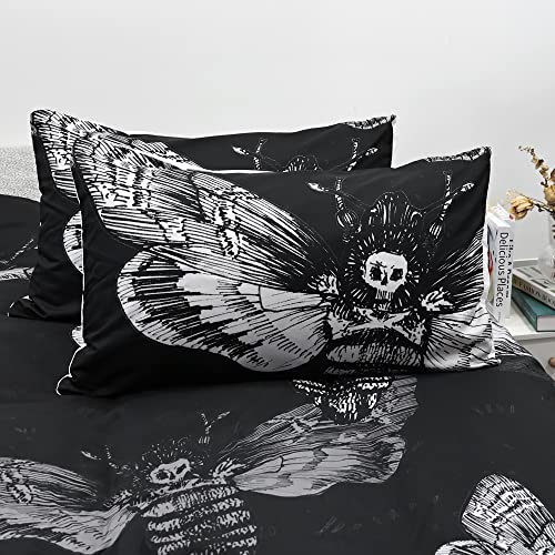  Zhh Death Moth Skull Duvet Cover 3Pcs Queen Size Black Gothic Bedding Soft Microfiber Fashion Printed Skeleton Comforter Cover (1 X Quilt Cover, 2 X Pillowcases)