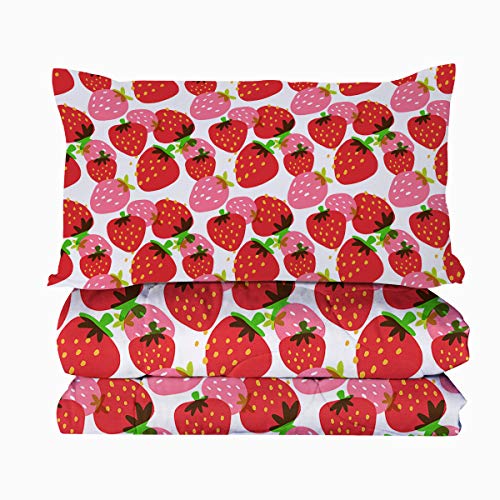  BlessLiving Strawberry Comforter Kawaii Strawberry Bedding Set Twin/Twin XL, Pink Red Fruit Quilted Set, Cute Bedspread For Kids Girls, Soft And All Season Blanket, 3 Pcs, 1 Comforter 2 Pillow Shams
