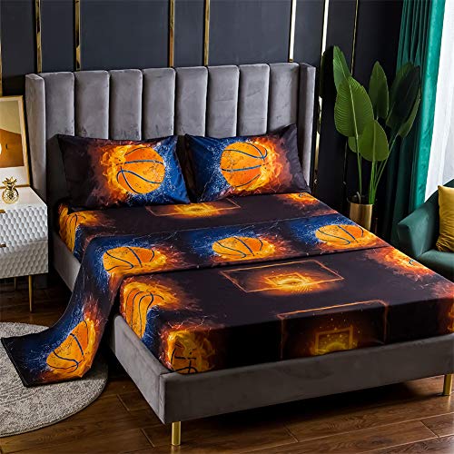  Bed Sheet 3 Piece Set 1 Flat+1 Fitted+1 Pillowcases-3D Sports Basketball Microfiber Bedding Sheet-Twin Size