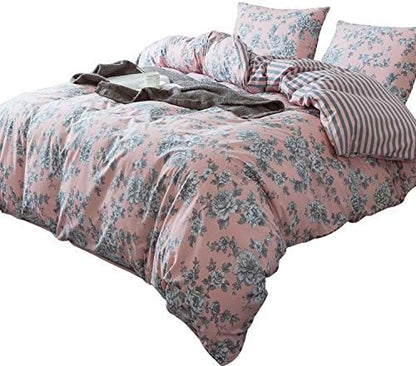  ANNA.Z HOME 3-Piece Cotton Duvet Cover Set. 100% Cotton Percale Fabric. Real Reversible Design. Pre-Washed Printed Fabrics. Soft And Easy Care. Modern Farmhouse Style. (Pink, Queen Set)